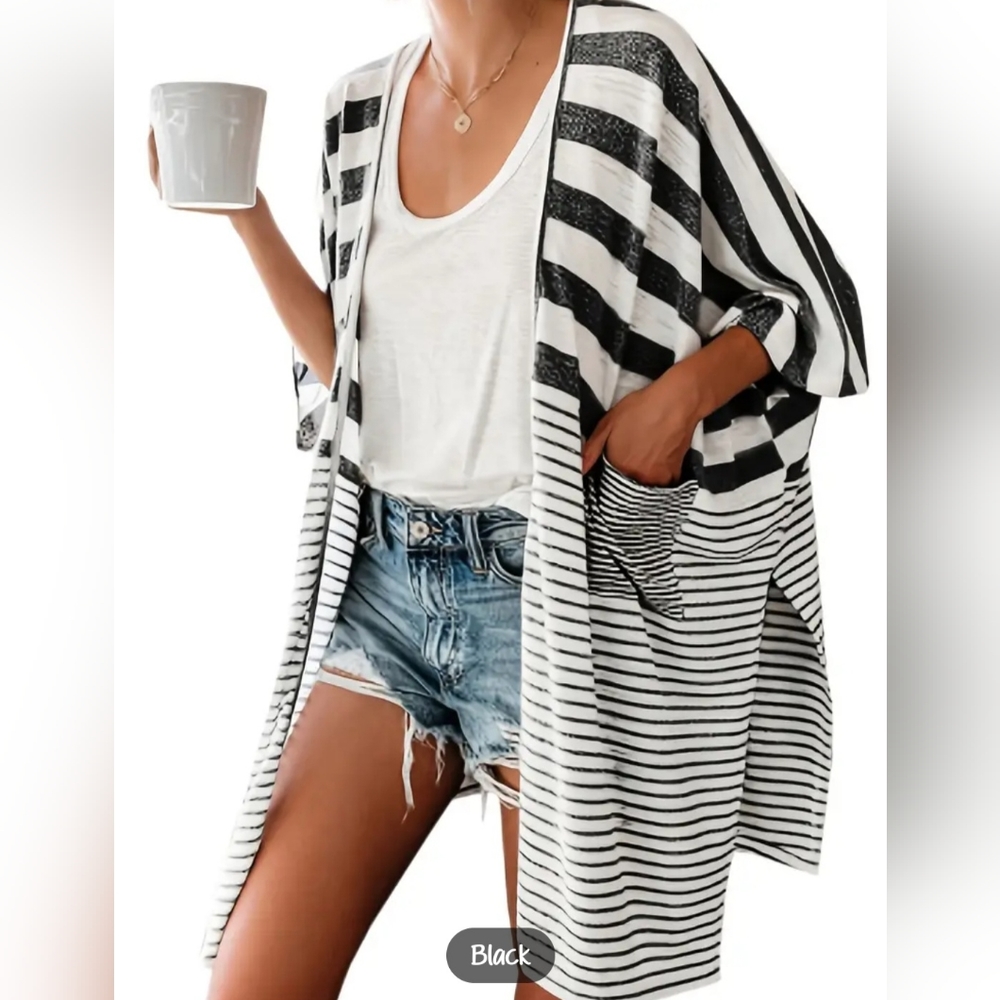 Striped Print Backless Knit Cardigan, Casual Open Front Split Hem Sweater